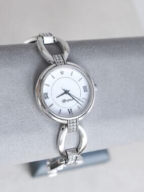 Brighton Meridian Swing Pave Crystal Band Watch Silver Plated Fold Over Clasp